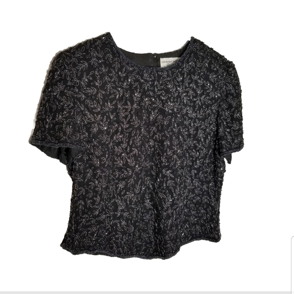 Adrianna Papell Occasions Top Women's 14P Black Beaded Embellished Silk Back Zip - Picture 1 of 6